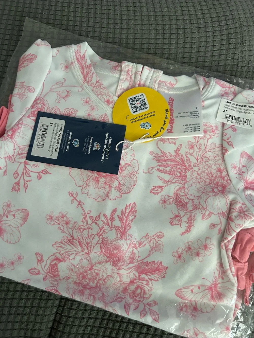NWT Rufflebutts Long Sleeve One Piece Bubblegum Pink Butterfly Garden 3T